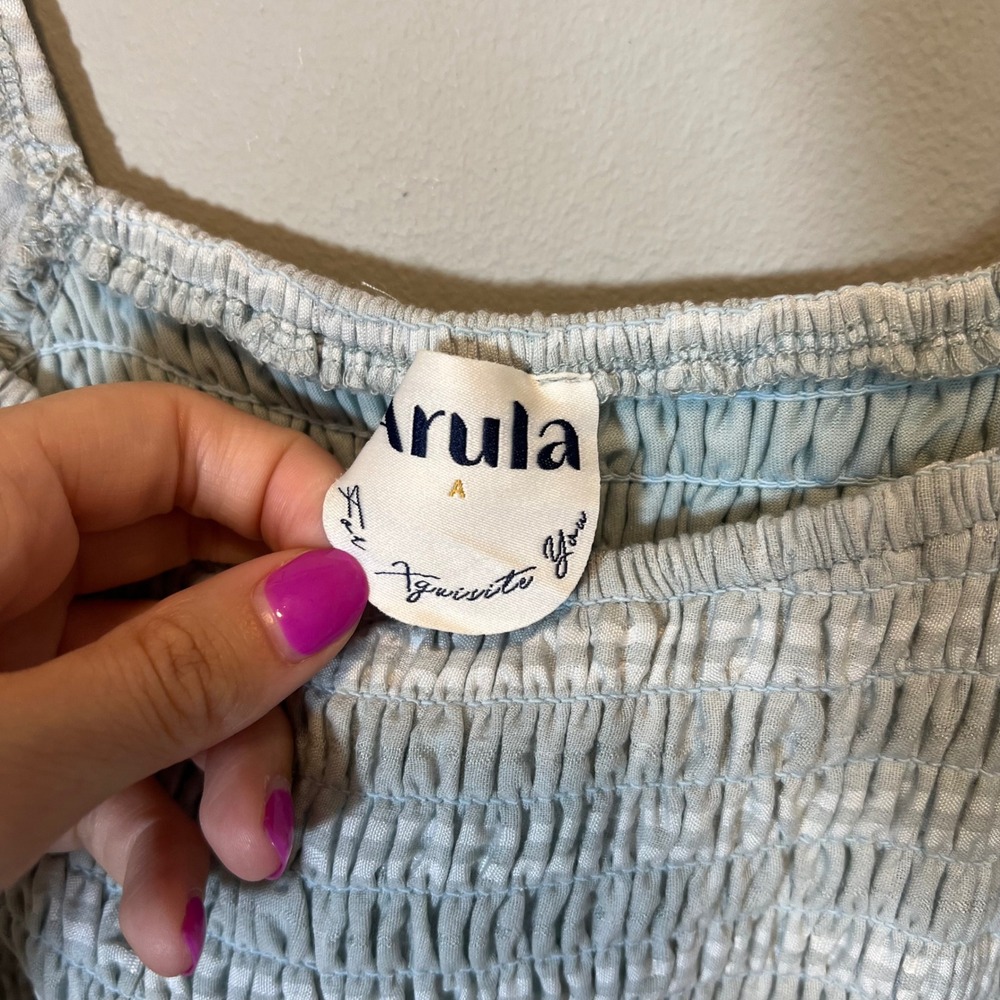 Arula Blue White Striped Smocked Tiered Midi Dress Short Sleeve Plus A 14/16 - Picture 3 of 10